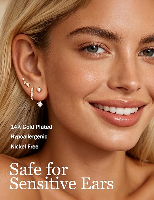 6 Pairs 14K Gold Plated Stud Earrings for Women, Hypoallergenic Cartilage Earrings for Multiple Piercing, Dainty Small Stackable Earrings Set for Jewelry Gift