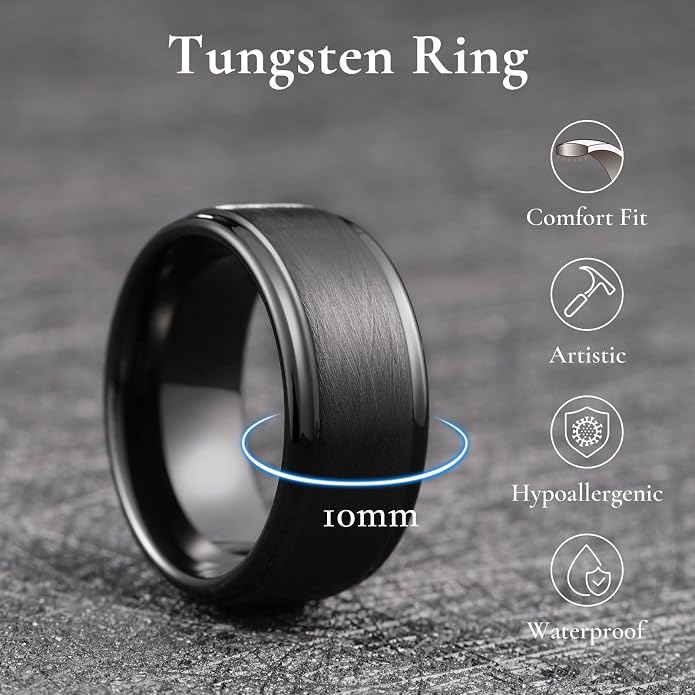 King Will Classic Tungsten Carbide Ring Brushed Two Grooved Center Hammered Design Mens Wedding Band for Men