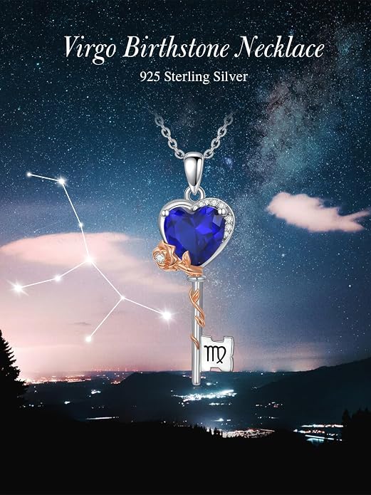OCJ Zodiac Necklace for Women 925 Sterling Silver Rose Flower Key Pendant Necklaces Zodiac Birthstone Jewelry Wife Birthday Anniversary Christmas Gifts for Her