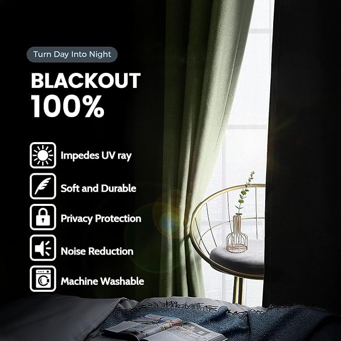 SimpleHome Sage 100% Blackout Curtains Room Darkening Living Room 54 Inch | Curtains for Bedroom,Thermal Insulated Grommet Window Drapes,Curtains for Living Room with Black Back,42 x 54 Inch,2 Panels