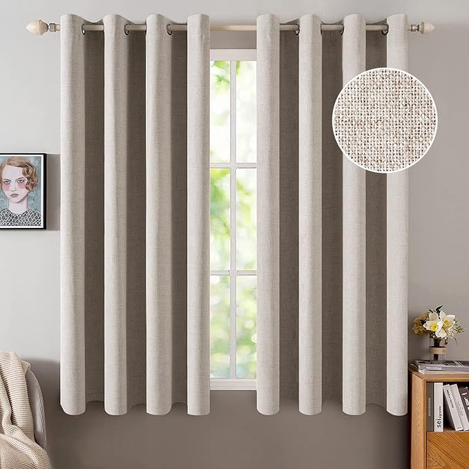 MIULEE Blackout Curtains for Bedroom Linen Texture Solid Thermal Insulated Natural Khaki Grommet Room Darkening Curtains & Drapes Luxury Decor for Living Room 52x63 Inch (2 Panels)