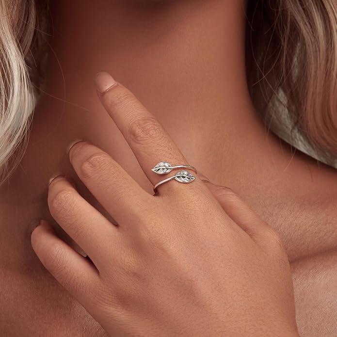 MUNDELL 925 Sterling Silver Simple Multi-layer Leaf Adjustable Ring Green Lucky Leaves Statement Ring for Women Promise Ring Fine Jewelry
