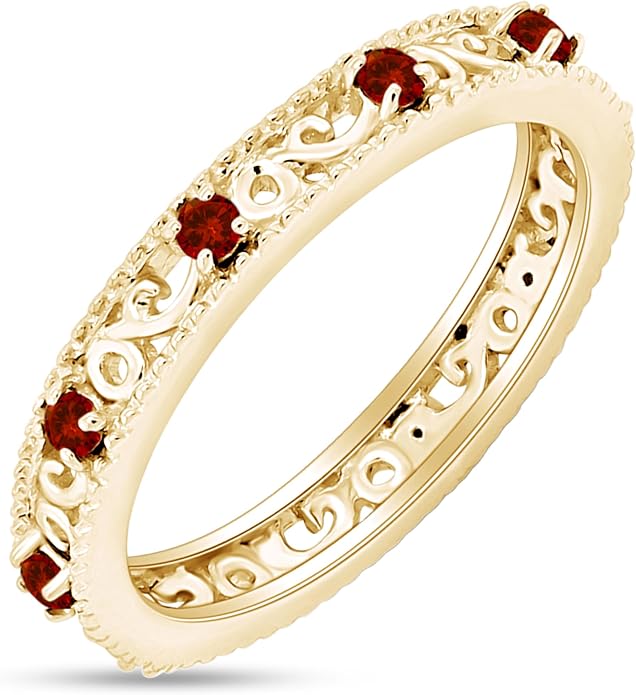 Jewel Zone US Filigree Eternity Wedding Band Ring for Women, Round Cut Simulated Gemstone Stackable Promise Ring in 14K Gold Plated 925 Sterling Silver Band Width 3.5mm – Elegant Jewelry for Her