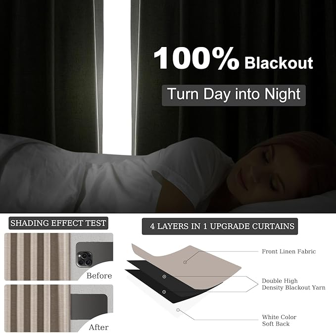 Extra Long Linen Blackout Curtains 132 Inches Long for Bedroom Farmhouse High Ceiling Mount Track Tall Curtain with Hooks Drapes for Sliding Glass Patio Doors 11ft 100% Black Out (W52 xL132 2Panels)