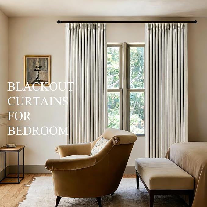 Pinch Pleated Curtains 100% Blackout Linen Curtains 84 Inches Long for Bedroom Living Room, Natural Memory Trained Thermal Insulated Room Darkening Window Pleat Drapes with Hooks, 2 Panels, 40"Wx84"L