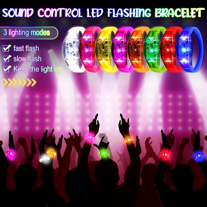 JellyArch 120 Pcs LED Glow Bracelets, Sound Activated LED Bracelets, Music Control Glow in The Dark Party Favors for Wedding, Raves, Concert, Camping, sporting Events, Party (Radiant Colors)
