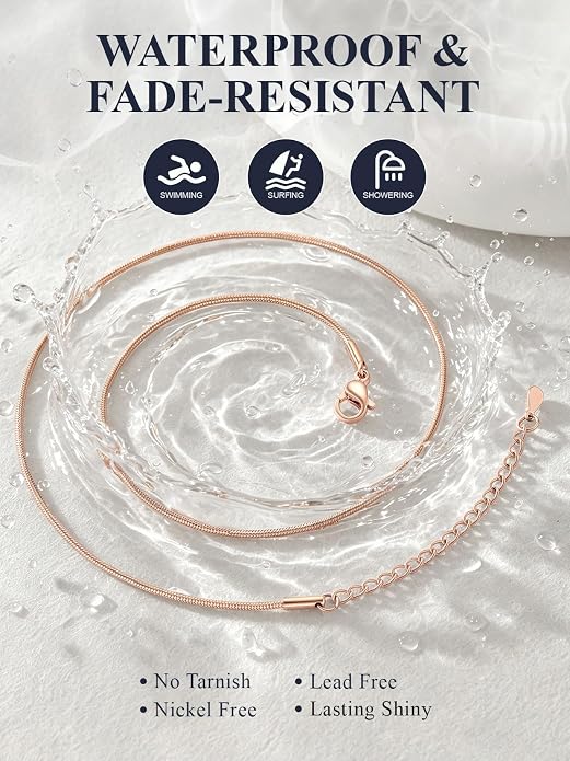 U7 Snake Necklace for Women 14K Gold Plated/Silver/Rose Gold/Black Chain Necklace Hypoallergenic, Stainless Steel Tiny Snake Chain Necklace 1/1.2/1.5/2MM, 14-30" Adjustable Minimalist Gift