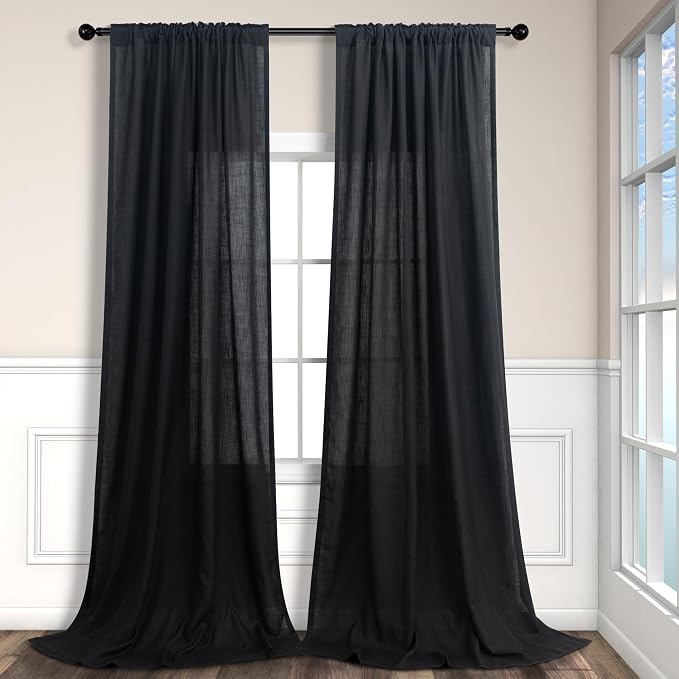 Black Long Drapes 108 Inch Length for Living Room 2 Panels Set Hidden Tab Loop Pocket Sheer Minimalist Black Linen Curtain for Bedroom Patio Door Cottage Cabin Noir Negras Accent Decor