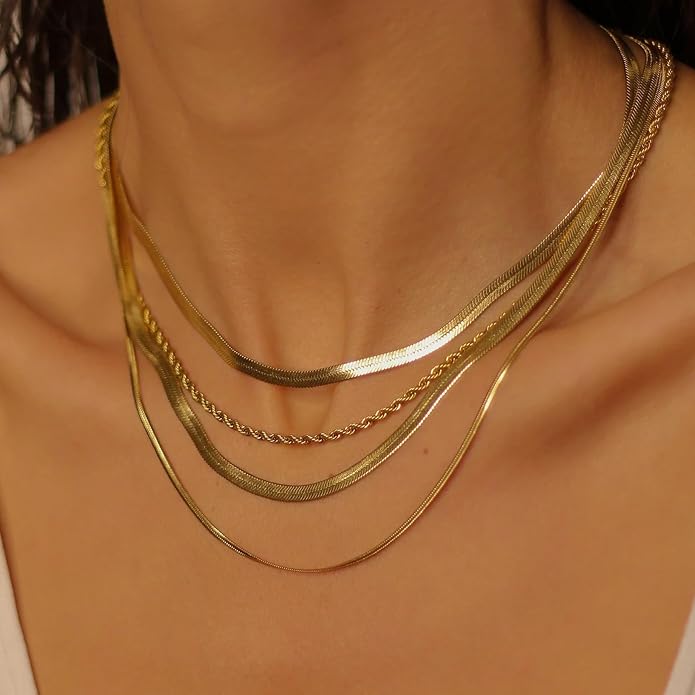 WomenGifts 14K Gold Silver Plated Herringbone Necklace for Women, Dainty Snake Chain Choker, Trendy Simple Long Layered Jewelry Non Tarnish, 3/4/5/8mm,14,16,18,20,22,24,26 Inch Thin & Chunky Options