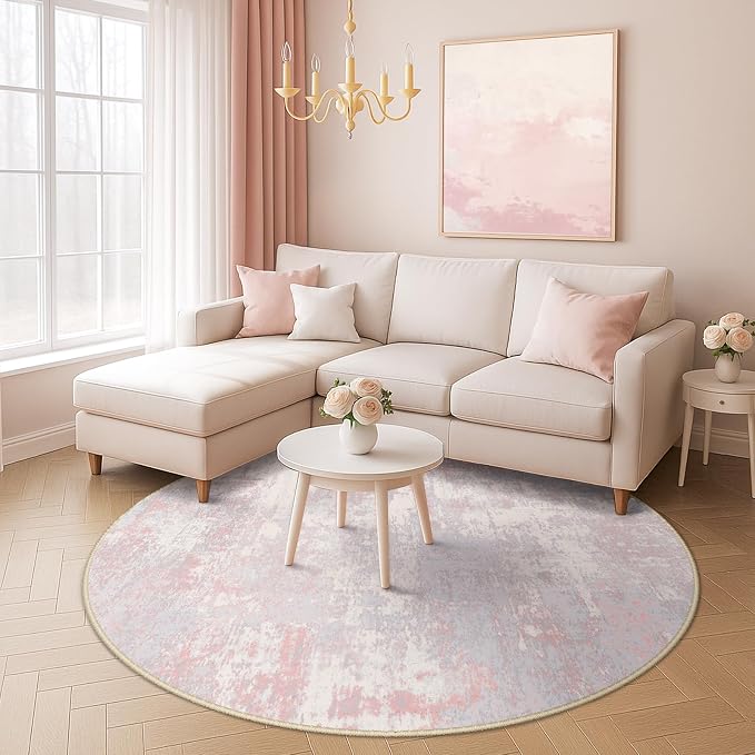 RELEANY Washable Area Rugs 8ft Non-Slip Modern Abstract Soft for Living Room Entryway Bedroom Kitchen, Print Pattern, Grey Pink