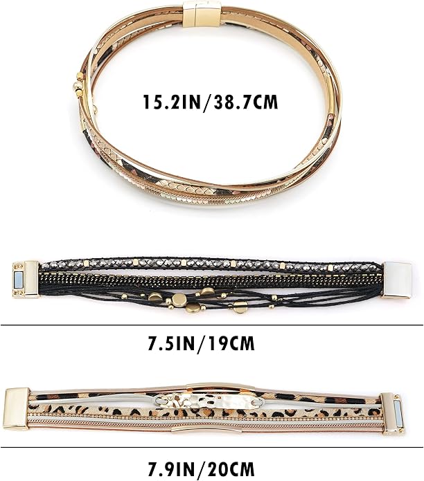Wowanoo 3Pack Leather Cuff Bracelet Set Multilayer Wrap Bracelet Crystal Feather Tree Bracelet Magnetic Clasp Bracelet for Women