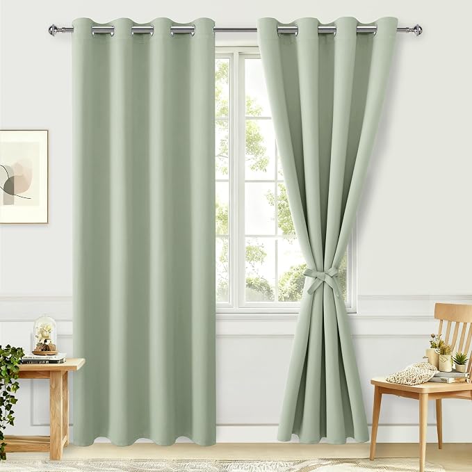 Hiasan Blackout Curtains for Bedroom, 52 x 84 Inches Long - Thermal Insulated & Light Blocking Window Curtains for Living Room/Kids Room, 2 Drape Panels Sewn with Tiebacks, Seafoam Green