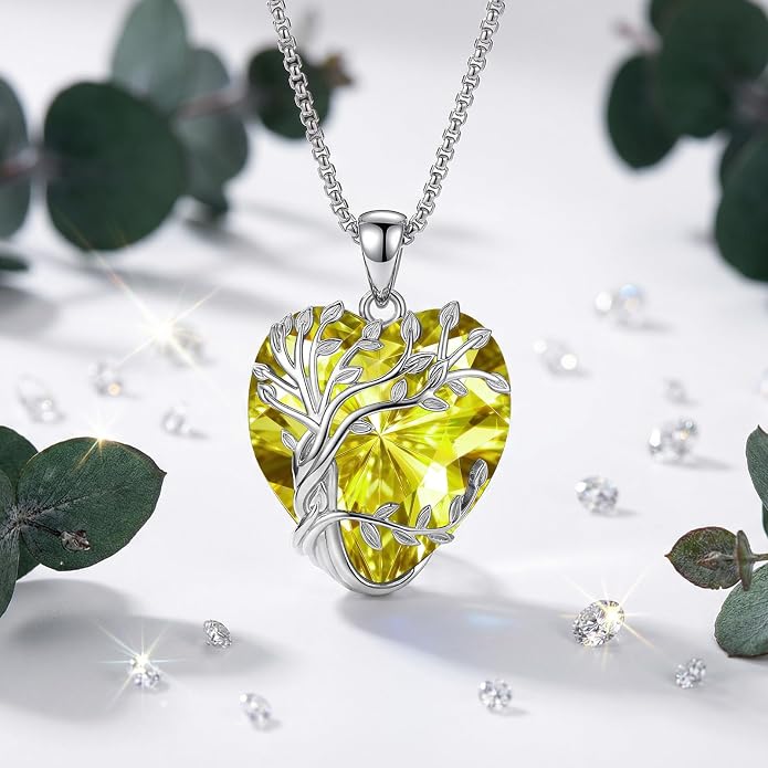 Eusense Tree of Life Necklace for Women White Gold Plated Copper Moonstone/Turquoise/Black Onyx/Crystal Birthstone Pendant Jewelry Gifts for Women Men