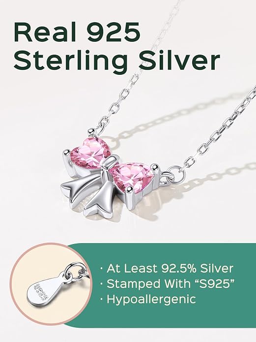 ChicSilver Bow and Cat Birthstone Necklace, 925 Sterling Silver Pendant Necklaces for Women, Hypoallergenic Silver Choker with 16 inch Rolo Chain, 12 Months Jewelry for Valentines Mothers Day Christmas