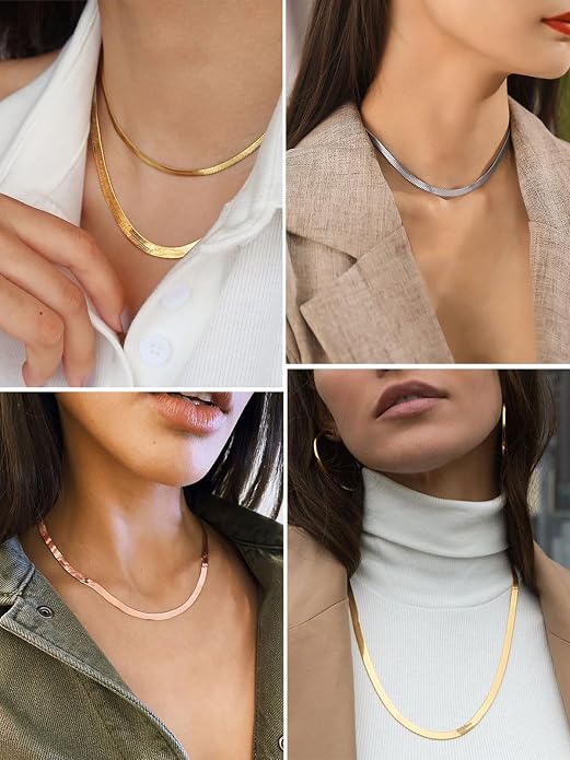 FindChic Black/14K Gold Plated Herringbone Choker Chain Necklace for Women | Waterproof Stainless Steel, Dainty Layering, Flat Snake Chain, Non-Tarnish, Hypoallergenic, Adjustable Extender, Gift Box
