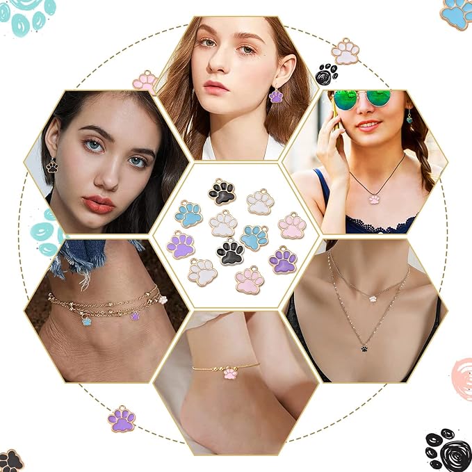 DanLingJewelry 100pcs Random Colors Dog Cat Paw Print Charms Enamel Puppy Kitten Paw Print Pendants with Loop for DIY Jewelry Making