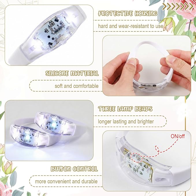 JellyArch 100 Pcs White LED Glow Bracelets, Sound Activated LED Bracelets for Wedding Reception Party Favors, Bridal Shower, Bachelorette Party, Rave, Concert, Birthday and Night Events