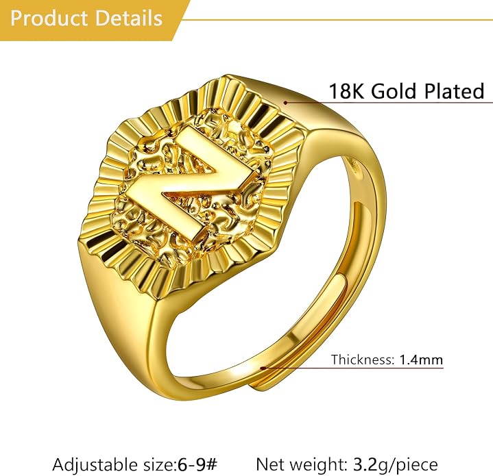 U7 Initial Ring Wedding Band for Men Women 18K Gold Plated Statement Hexagon A-Z Letter Jewelry Personalized Stackable Signet Rings