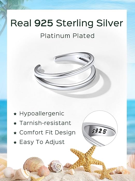 ChicSilver 925 Sterling Silver Toe Ring Minimalist Hypoallergenic Adjustable Band Ring Summer Beach Bare Foot Jewelry