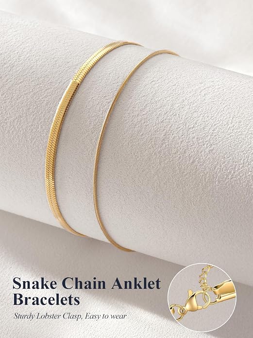 U7 Silver/Gold Ankle Bracelets for Women Layered Chain Anklets Stainless Steel Waterproof Summer Beach Anklet Cham, Adjustable 8.5"-10.5"