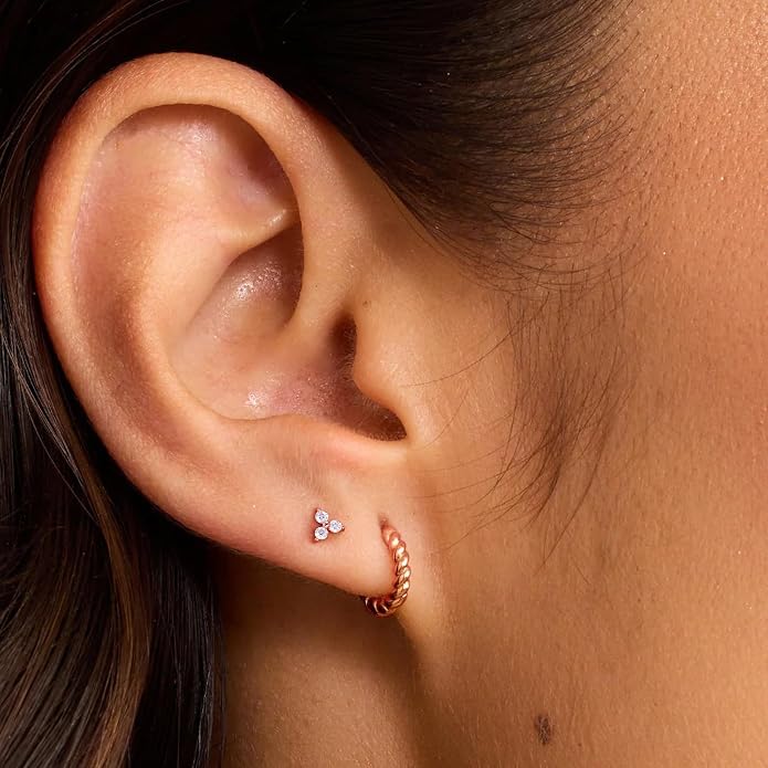 14K Yellow/White/Rose Gold Threadless Earring Top Push in 1 Pcs Triple Clear CZ Flat Back Nose Stud Threadless Cartilage Earring Helix Stud Tragus Piercing Jewelry for Women 6mm/8mm