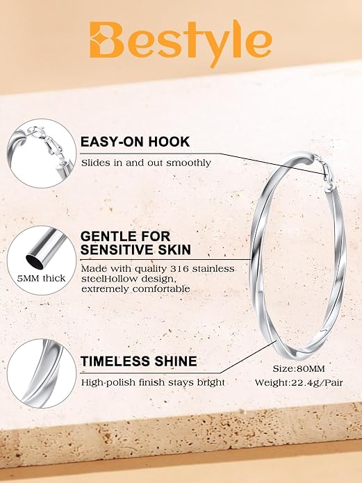 Bestyle 5mm Thick Gold Hoop Earrings Hypoallergenic Hoops for Sensitive Ears Trendy Lightweight Chunky Earrings for Women 30/40/60/80mm