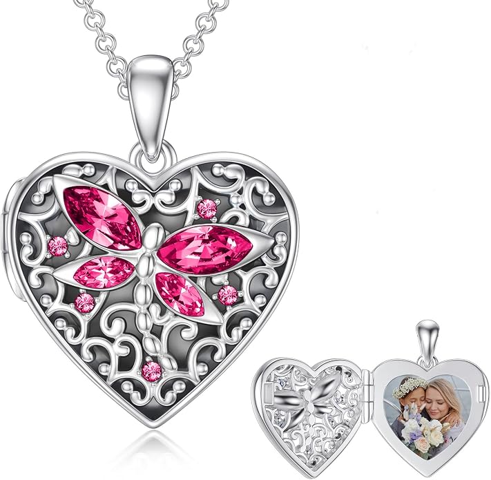 Dorunmo Personalized Locket Necklace 925 Sterling Silver that Holds Pictures Butterfly Birthstone Photo Heart Locket Custom Jewelry Congratulations New Beginnings New Job Gifts for Women