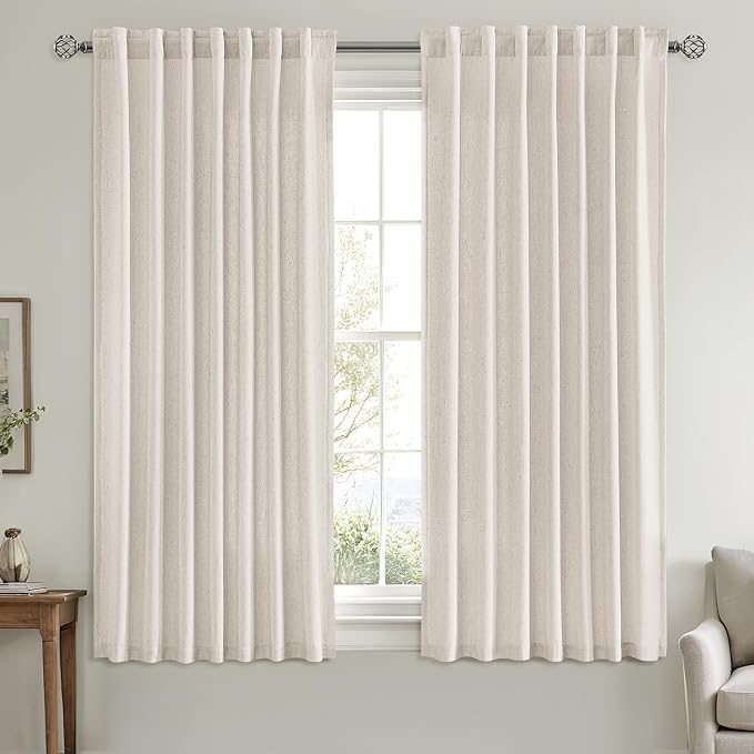 MIULEE Non-See-Through Privacy Linen Curtains 52W x 63L Inch White | 2 Panels, Light Filtering, Semi Sheer Window Curtains, Farmhouse Textured, Back Tab Drapes for Bedroom Living Room