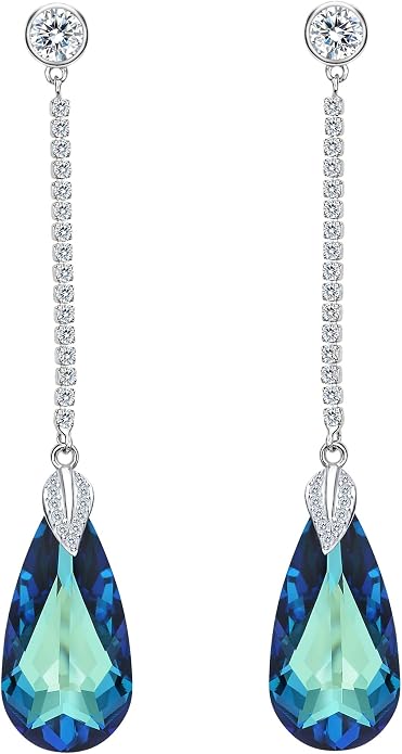 EleQueen 925 Sterling Silver CZ Teardrop Leaf Long Dangle Earrings Made with Austrian Crystal for Women, Valentine's Day/Mother's Day/Christmas Jewelry Gift