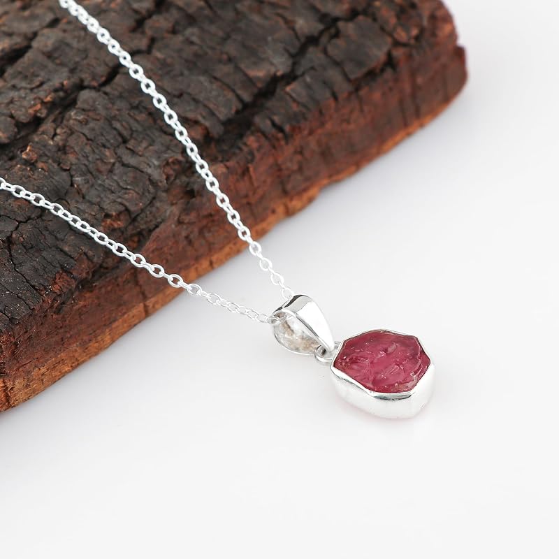 Natural Real Raw Ruby Crystals Bezel Pendant Necklace, Birthstone, Healing Rough Gemstone, 925 Sterling Silver Jewelry 18 inch