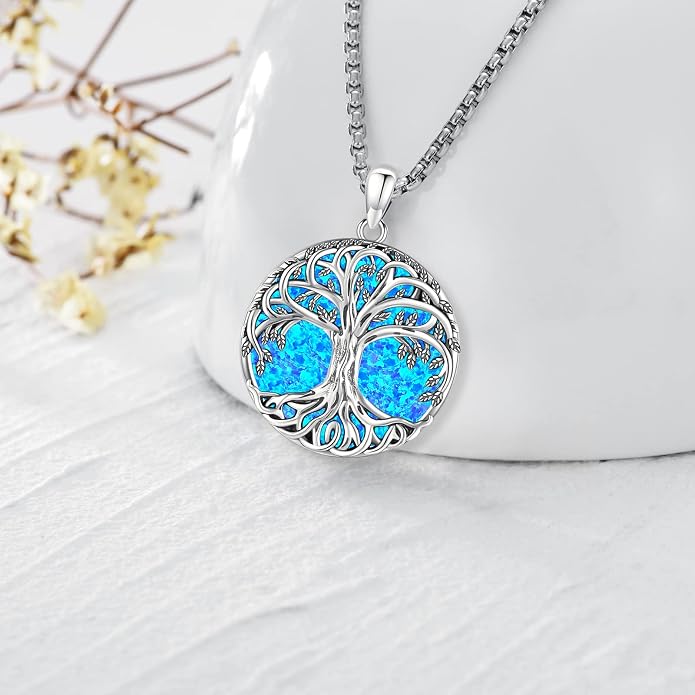 Jewelry Gifts - Tree of Life Necklace Sterling Silver Abalone Shell/Opal/Moonstone/Black Onyx/Turquoise/Malachite/Crystal Family Tree of Life Jewelry for Women Men