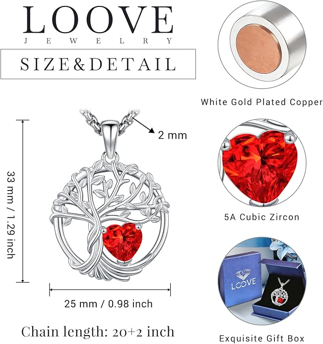 Birthstone Tree of Life Necklace for Women Heart Crystal Pendant Silver Plated Birthday Anniversary Jewelry for Wife, Mom, and Her