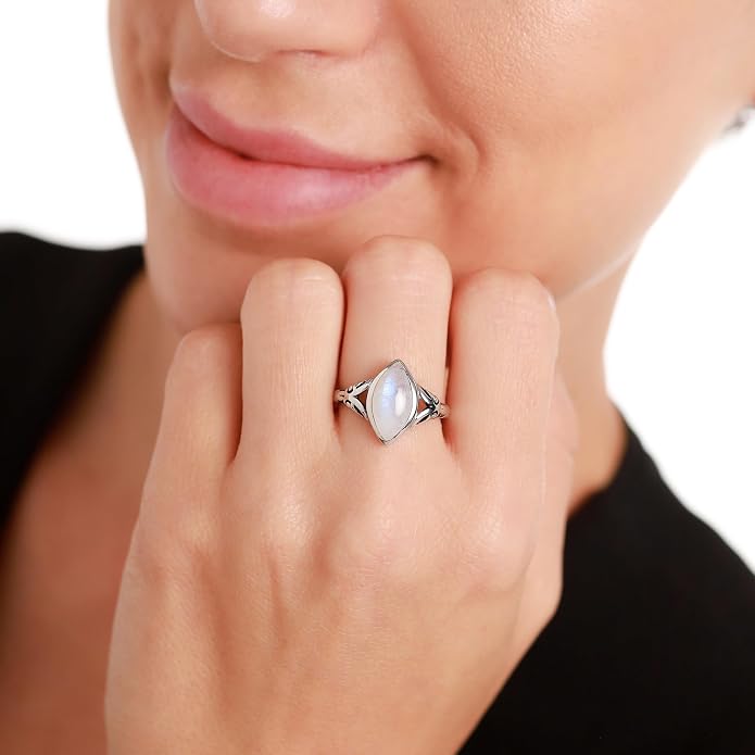 Silvershake 14X7mm Natural Marquise Shape Moonstone 925 Sterling Silver Filigree Statement Ring