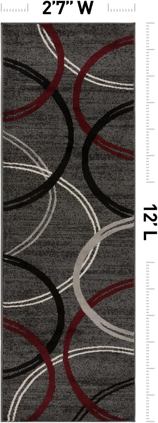 Rugshop Wavy Circles Modern Non-Shedding Runner Rug Red 2'7" x 12'