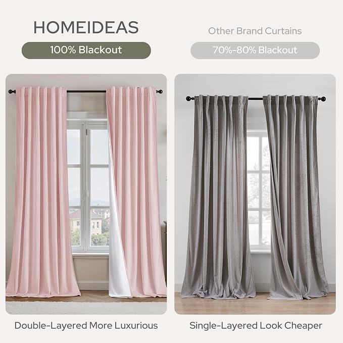 HOMEIDEAS 100% Blackout Pink Velvet Curtains, Thermal Noise Reduction Luxury Velvet Curtains for Bedroom Preppy Room Decor, Living Room, 52 X 108 Inch, 2 Panels