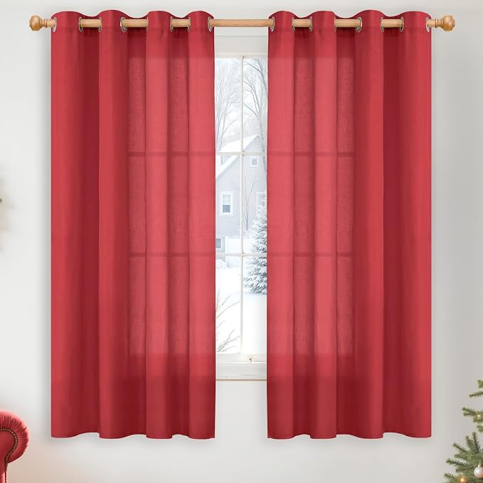 YoungsTex Red Linen Curtains 63 Inch Length for Living Room, Light Filtering Window Drapes with Grommet Semi Sheer Privacy for Dining Bedroom, 2 Panels, 52 X 63 Inch