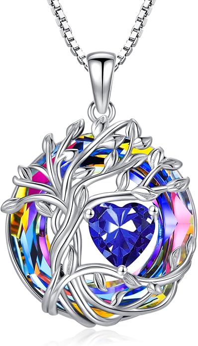 TOUPOP Tree of Life Birthstone Necklace Sterling Silver Pendant Birthstone Necklaces with Blue Crystal Anniversary Birthday Jewelry for Women Mom Wife Her