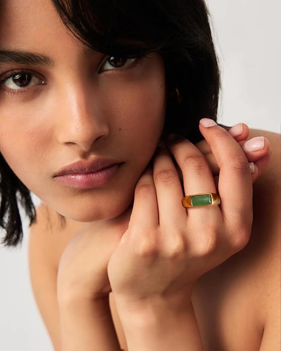 YeGieonr Gold Signet Rings for Women Non Tarnish Gold Rings, Waterproof Gemstones Statement Ring, 18K Gold Plated Stainless Steel Gem Stone Jewelry Gift for Everyday Wear
