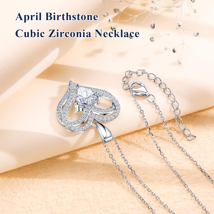 Anniversary Charm Necklace, Sterling Silver 14K Gold Plated Chain with Interlocking Heart Pendant Elegant Birthstone Necklaces for Women, Length 18"