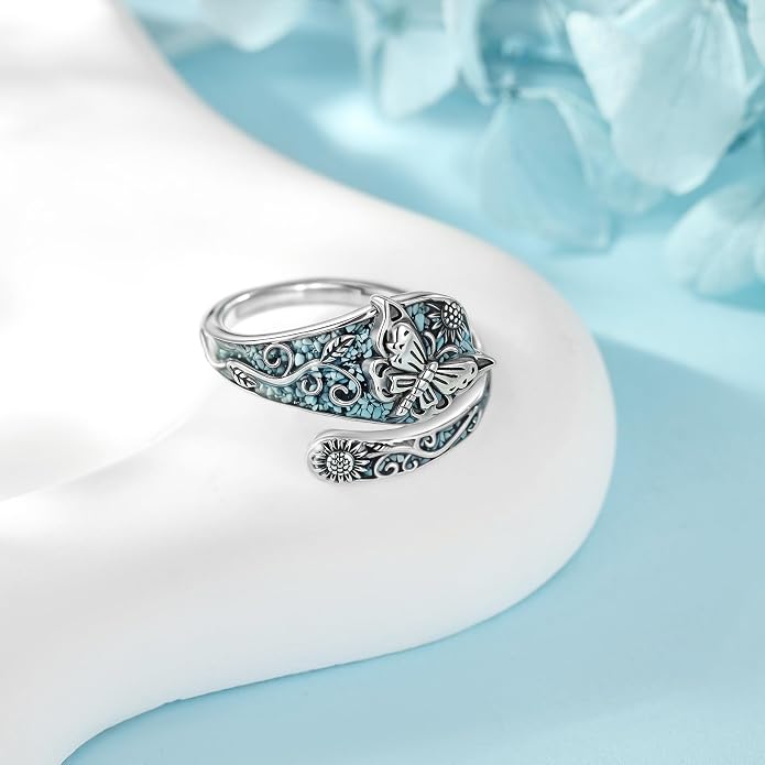 SNOWELLE Turquoise Spoon Rings S925 Sterling Silver Turquoise Adjustable Ring Jewelry Gift for Women Men