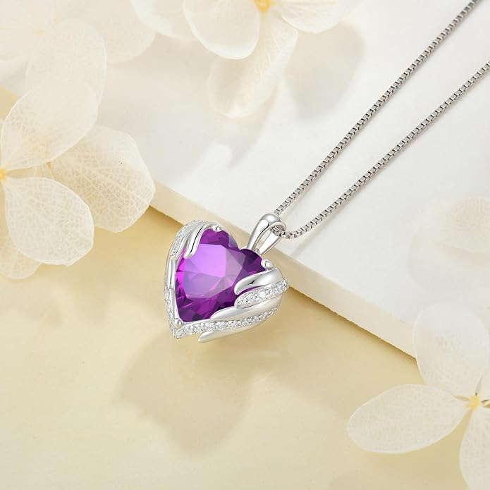 Angel Wings Necklace for Women 925 Sterling Silver Cubic Zirconia Love Heart Birthstone Pendant Necklaces