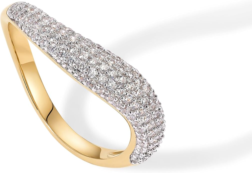 PAVOI 14K Gold Plated Wavy Cubic Zirconia Stackable Ring for Women | Twisted Wave CZ Band | Delicate Eternity Rings