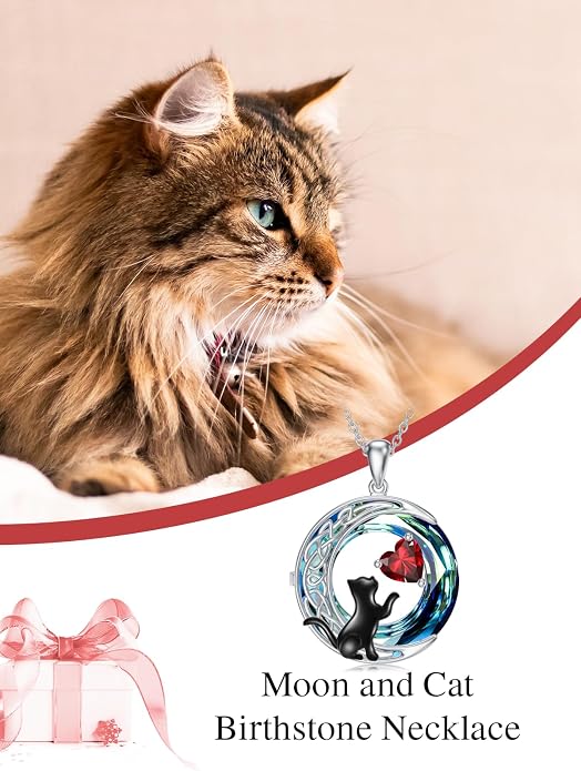 TOUPOP Cat Gifts for Cats Lovers 925 Sterling Silver Black Cat Necklace Celtic Moon Birthstone Jewelry for Women Anniversary Birthday Gift for Her Wife Mom