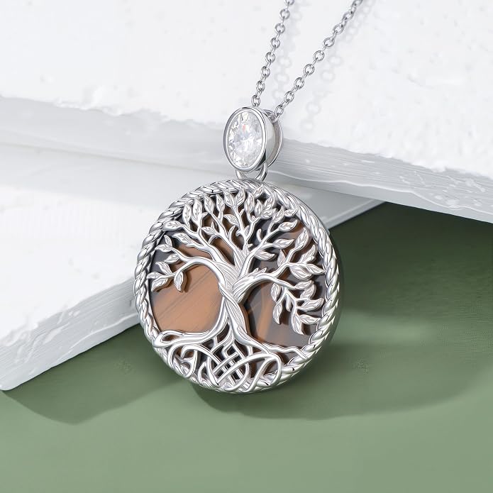 Tree of Life Moissanite Necklace, 925 Sterling Silver 0.5 Carat Moissanite Abalone Shell/Opal/Black Onyx/Turquoise/Malachite/Tiger Eye Stone Tree of Life Pendant Necklaces Jewelry Gift for Women Mom