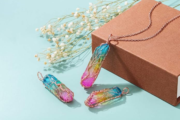 PESOENTH Crystal Necklace Life Tree Rainbow Quartz Gemstone Healing Stone Rose Gold Wire Wrap Necklace Crystal Jewelry Spiritual Gifts for Women