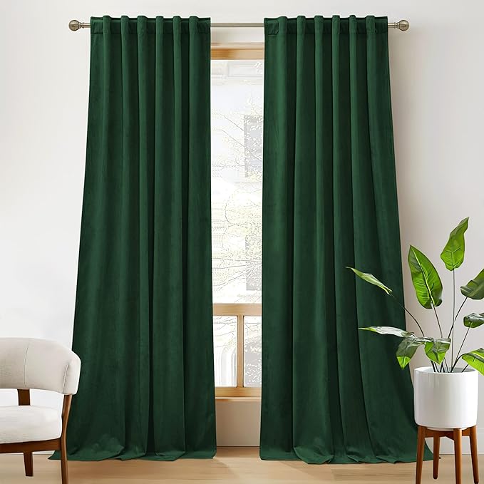 RYB HOME Hunter Green Velvet Curtains for Bedroom Living Room, Thermal Insulated Privacy UV Heat Blocking Luxurious Soft Rod Pocket Back Tab Drapes for Nursery, 42" W x 63" L, 2 Panels