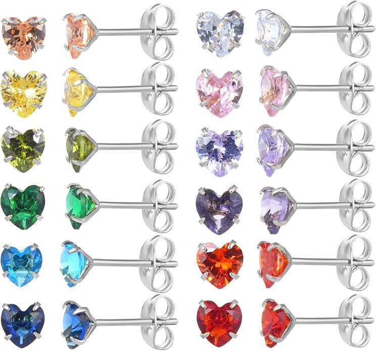 12 Pairs 18K Gold Plated Surgical Stainless Steel Stud Earrings, Star Heart Square Stud Earring for Women, Cubic Zirconia Birthstone Stud Earrings Set