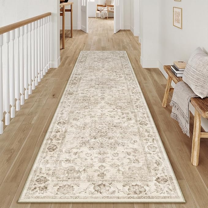 3x10 Beige Neutral Runner Rug | Washable, Non Slip, Soft Low Pile, Vintage Farmhouse, for Hallway Kitchen Laundry Bathroom Bedroom Living Room Home Decor