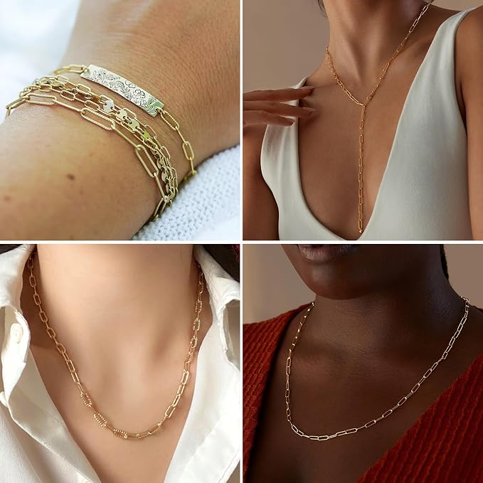 16.5FT 18K Gold Plated Paperclip Chains Roll, 4.3mm Gold Stainless Steel Textured Paperclip Link Chains Spool Bulk for Jewelry Making