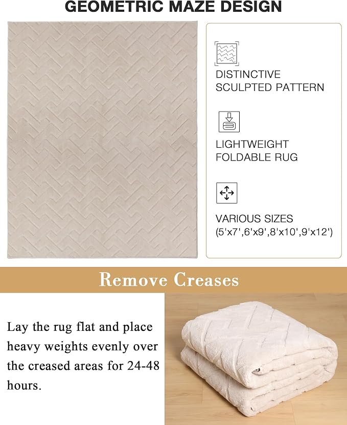 Beige Area Rugs for Living Room, 6' x 9' | High-Low Arch Washable Non Slip Indoor Floor Mat Modern Soft Rugs for Bedroom Boho Solid Color Carpet for Dining Room Kitchen